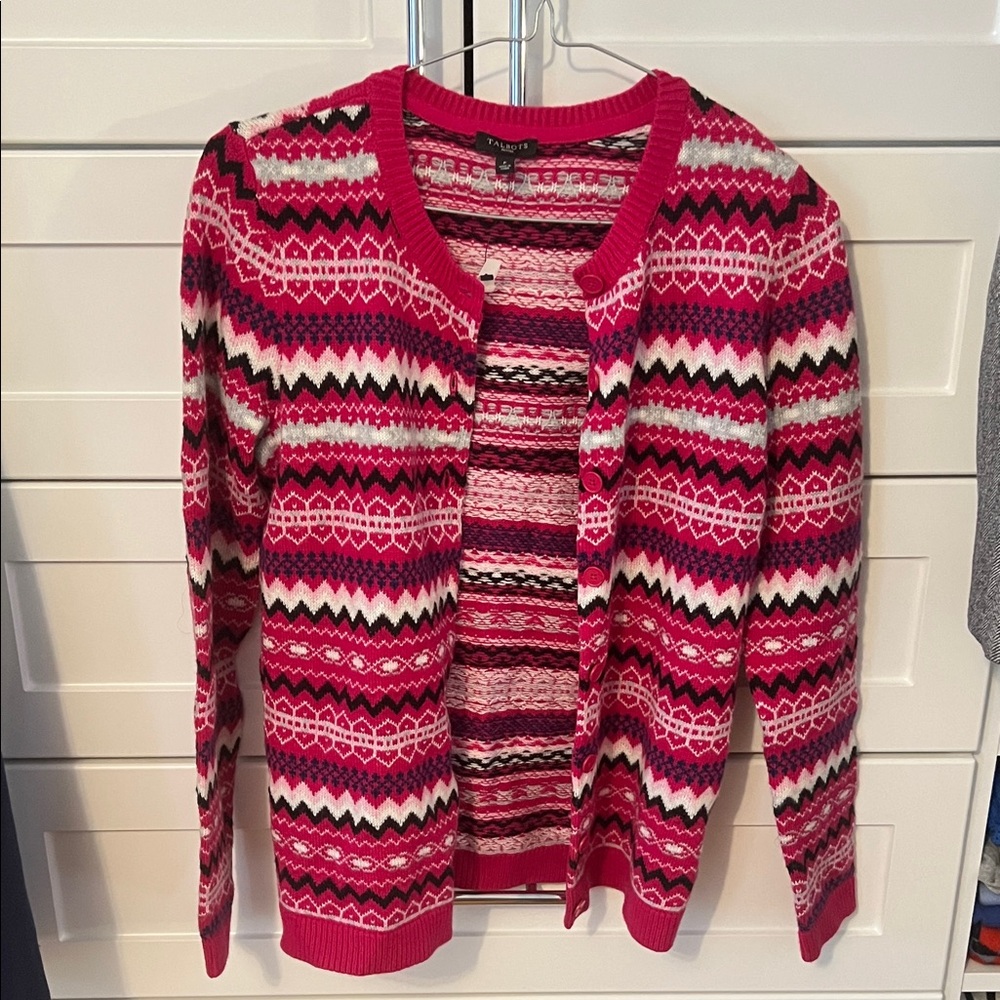 Talbots Vibrant Pink and Black Patterned Cardigan